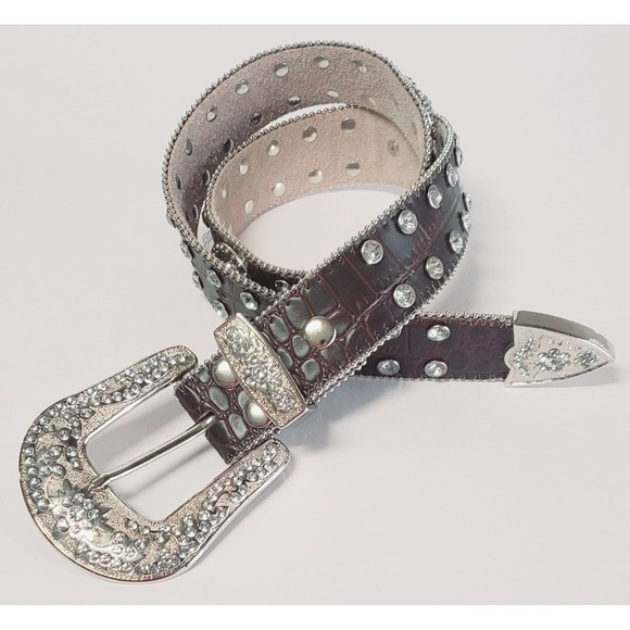 Western Leather S Belt Bling Concho Rhinestone Studs Pave Adjust Buckle - Picture 2 of 8